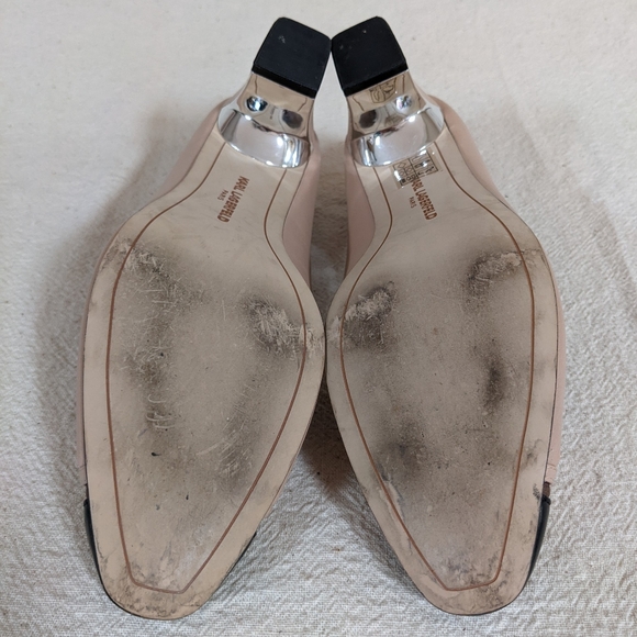 Karl Lagerfeld Sz 6.5 Pump Tan Black Colorblok Cut Out Mirror Chunky Block Heel - Picture 9 of 16